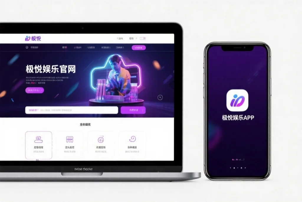 一台笔记本电脑屏幕上显示着风暴娱乐官网的界面，旁边是一部手机显示着风暴娱乐APP，两者并列对比